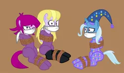 Size: 1280x755 | Tagged: source needed, useless source url, safe, artist:brightstar40k, artist:radiantrealm, derpibooru import, edit, fuchsia blush, lavender lace, trixie, ponified, pony, arm behind back, bondage, bound and gagged, cloth gag, clothes, equestria girls ponified, female, femsub, footed sleeper, footie pajamas, gag, image, jpeg, one eye closed, onesie, otn gag, over the nose gag, pajamas, rope, rope bondage, sleepover, slumber party, socks, stockings, submissive, thigh highs, tied up, trixie and the illusions, wide eyes