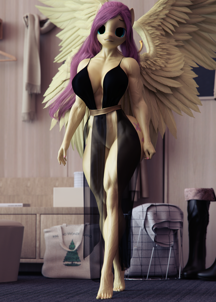 Size: 4000x5600 | Tagged: suggestive, artist:dashie116, derpibooru import, fluttershy, anthro, pegasus, plantigrade anthro, pony, 3d, absolute cleavage, alternate hairstyle, barefoot, bottomless, breasts, cleavage, clothes, daz studio, dress, feet, female, image, looking at you, mare, muscles, muscleshy, muscular female, no catchlights, partial nudity, png, solo, solo female, vein, vein bulge, wings