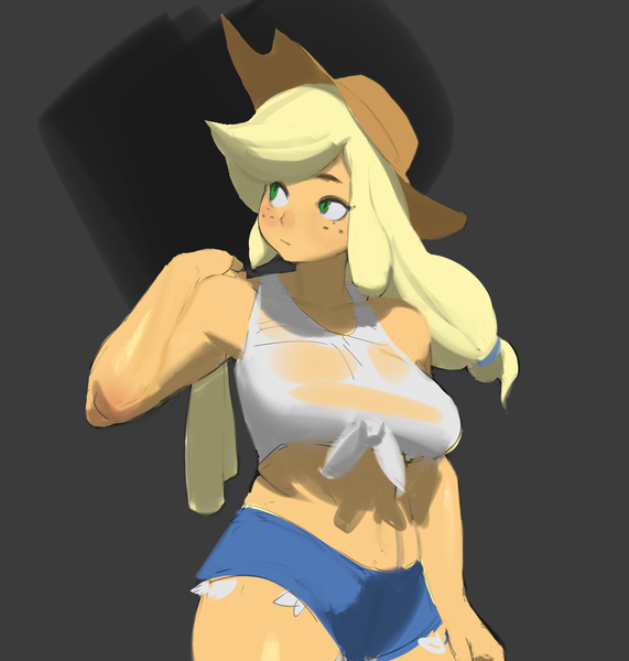 Size: 1707x1794 | Tagged: artist needed, suggestive, derpibooru import, applejack, equestria girls, breasts, busty applejack, clothes, daisy dukes, female, front knot midriff, image, looking sideways, midriff, png, see-through, see-through shirt, shorts, solo