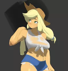 Size: 1707x1794 | Tagged: artist needed, suggestive, derpibooru import, applejack, equestria girls, breasts, busty applejack, clothes, daisy dukes, female, front knot midriff, image, looking sideways, midriff, png, see-through, see-through shirt, shorts, solo