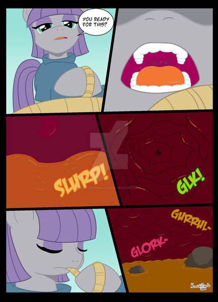 Size: 600x832 | Tagged: questionable, artist:kunoichipikachu, derpibooru import, maud pie, comic, commission, deviantart watermark, drool, drool string, endosoma, esophagus, gastrolith, gullet, gulp, image, jpeg, maud pred, mawshot, mucous, mucus, non-fatal vore, obtrusive watermark, offscreen character, open mouth, oral invitation, pov, rope, rugae, saliva puddle, salivating, signature, size difference, slimy, soft vore, stomach acid, stomach noise, stomach walls, swallowing, taste buds, uvula, vore, watermark