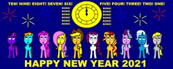 Size: 2454x986 | Tagged: safe, artist:samueljcollins1990, derpibooru import, applejack, derpy hooves, fluttershy, pinkie pie, rainbow dash, rarity, starlight glimmer, sunset shimmer, trixie, twilight sparkle, alternate mane seven, clock, fireworks, happy new year, happy new year 2021, holiday, image, mane six, png