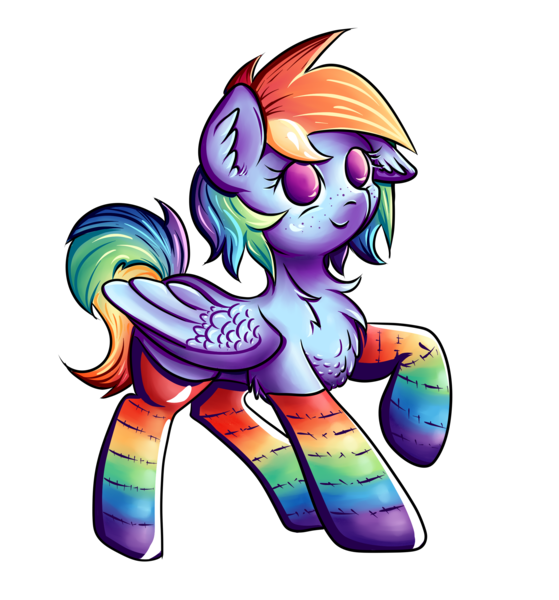 Size: 2377x2551 | Tagged: safe, artist:coco-drillo, derpibooru import, rainbow dash, pegasus, pony, alternate hairstyle, chest fluff, clothes, colourful, cute, ear fluff, floppy ears, folded wings, freckles, image, kneesocks, png, rainbow socks, raised hoof, simple background, smiling, socks, stockings, striped socks, thigh highs, transparent background, wings