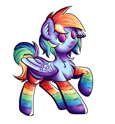 Size: 2377x2551 | Tagged: safe, artist:coco-drillo, derpibooru import, rainbow dash, pegasus, pony, alternate hairstyle, chest fluff, clothes, colourful, cute, ear fluff, floppy ears, folded wings, freckles, image, kneesocks, png, rainbow socks, raised hoof, simple background, smiling, socks, stockings, striped socks, thigh highs, transparent background, wings
