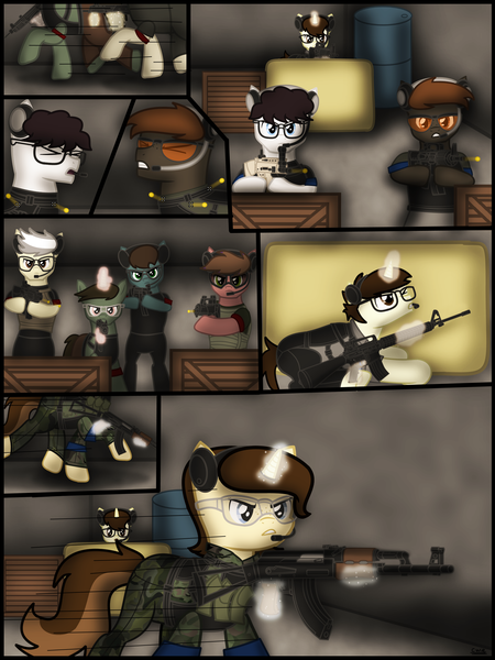 Size: 1750x2333 | Tagged: safe, artist:99999999000, derpibooru import, oc, oc:cwe, oc:mar baolin, earth pony, pony, unicorn, comic:airsoft, airsoft, ak-47, ar15, assault rifle, comic, female, glasses, gun, headset, image, m16, m4, male, png, rifle, scar-l, submachinegun, weapon