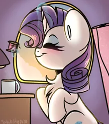 Size: 1048x1196 | Tagged: safe, artist:sakukitty, derpibooru import, rarity, pony, unicorn, blushing, chest fluff, cute, desk lamp, eyes closed, fabric, female, image, jpeg, magic, mare, morning, mug, profile, raribetes, smiling, solo, spool, telekinesis, window