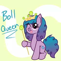 Size: 1200x1200 | Tagged: safe, artist:dafiltafish, derpibooru import, izzy moonbow, pony, unicorn, abstract background, boll, crown, female, g5, horn, horn guard, horn impalement, hornball, image, izzy's tennis ball, jewelry, looking at you, one eye closed, png, regalia, simple background, solo, tennis ball, text, that pony sure does love tennis balls, tongue out, wink, yellow background