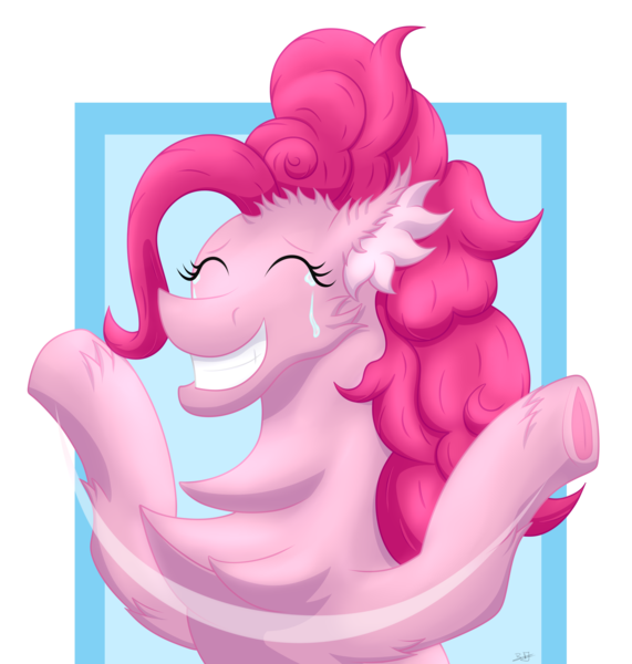 Size: 2611x2744 | Tagged: safe, artist:thebenalpha, derpibooru import, pinkie pie, earth pony, chest fluff, crying, ear fluff, eyes closed, frog (hoof), grin, image, png, simple background, smiling, tears of pain, transparent background, underhoof, waving arms