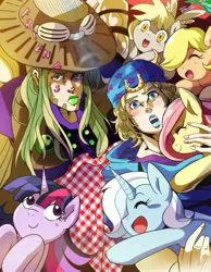 Size: 2098x2700 | Tagged: safe, artist:traupa, derpibooru import, derpy hooves, fluttershy, twilight sparkle, pegasus, pony, unicorn, anime, eyes closed, gyro zeppeli, hat, image, johnny joestar, jojo's bizarre adventure, jpeg, lipstick, open mouth, steel ball run