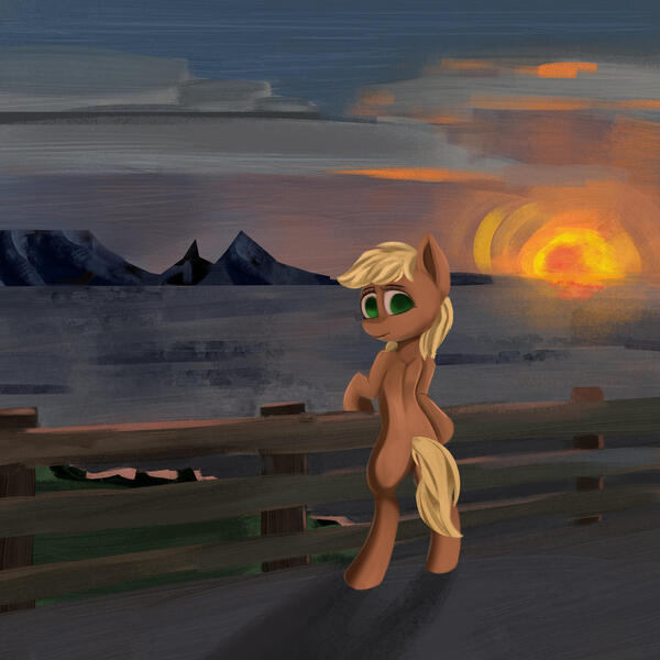 Size: 1280x1280 | Tagged: safe, artist:meodaiduoi, derpibooru import, applejack, fence, image, jpeg, looking at you, looking back, looking back at you, solo, standing, sunset