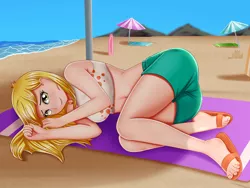 Size: 2000x1500 | Tagged: safe, artist:focusb, derpibooru import, derpy hooves, equestria girls, beach, breasts, busty derpy hooves, clothes, cute, derpabetes, feet, human coloration, image, looking at you, ocean, png, sand, sandals, solo, swimsuit, umbrella, water