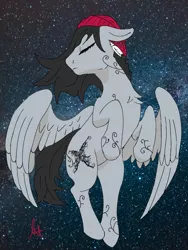 Size: 768x1024 | Tagged: safe, artist:biergarten13, derpibooru import, oc, oc:raine, pegasus, fallout equestria, eyes closed, fallout equestria: ghosts of the past, female, floating, image, majestic, png, scroll, sleeping, solo, space, spread wings, tattoo, wings