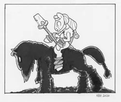 Size: 1280x1075 | Tagged: safe, artist:abronyaccount, derpibooru import, rockhoof, pony, beard, black and white, braid, death dealer, facial hair, frank frazetta, grayscale, image, inktober, inktober 2020, jpeg, male, monochrome, parody, riding, riding a pony, rockhoof's shovel, self ponidox, shovel, signature, silhouette, stallion, traditional art