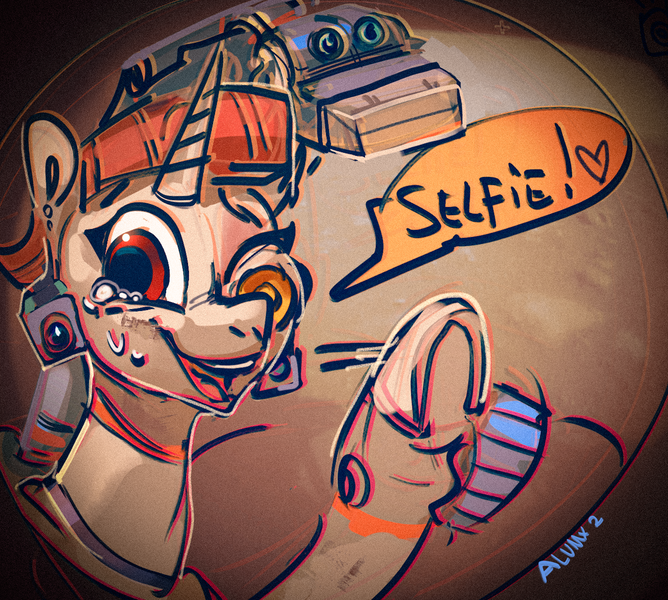 Size: 1600x1437 | Tagged: safe, artist:alumx, derpibooru import, oc, pony, robot, robot pony, unicorn, camera, crying, diagram, female, image, mars rover, one eye closed, perseverance, png, selfie, solo, tears of joy, wave, wheel, wink