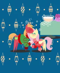 Size: 1800x2160 | Tagged: safe, anonymous artist, derpibooru import, berry punch, berryshine, big macintosh, fluttershy, earth pony, pegasus, pony, series:fm holidays, series:hearth's warming advent calendar, abstract background, advent calendar, alcohol, blushing, christmas, christmas sweater, clothes, drunk, drunk bubbles, drunkershy, eggnog, eyes closed, female, fluttermac, holiday, image, lineless, male, png, pointy ponies, red face, shipping, soon, straight, sweater