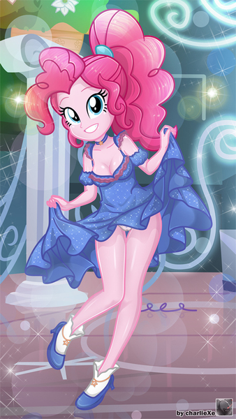 Size: 552x980 | Tagged: suggestive, artist:charliexe, derpibooru import, pinkie pie, equestria girls, adorasexy, breasts, cameltoe, cleavage, clothes, cute, diapinkes, dress, dress lift, female, high heels, image, jpeg, looking at you, panties, sexy, shoes, skirt, skirt lift, solo, solo female, story included, stupid sexy pinkie, underwear