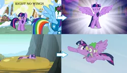 Size: 1810x1050 | Tagged: safe, artist:ncolque, derpibooru import, edit, edited screencap, screencap, rainbow dash, spike, twilight sparkle, twilight sparkle (alicorn), alicorn, dragon, pegasus, pony, unicorn, feeling pinkie keen, magical mystery cure, the cutie re-mark, winter wrap up, image, png, unicorn twilight, wings