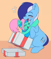 Size: 1460x1712 | Tagged: safe, artist:puetsua, derpibooru import, oc, oc:brushie brusha, oc:💚, earth pony, pony, blue mane, blushing, christmas, clothes, cute, duo, female, happy, holiday, hug, image, mare, png, present, scarf