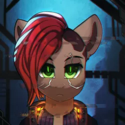 Size: 2000x2000 | Tagged: safe, artist:freak-side, derpibooru import, oc, unofficial characters only, earth pony, pony, alternate versions at source, bust, cyberpunk, cyberpunk 2077, error, glitch, image, looking at you, png, portrait, solo, technology