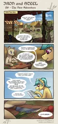 Size: 2336x4940 | Tagged: safe, artist:helmie-art, derpibooru import, oc, oc:karoline skies, oc:raido, earth pony, pony, comic:iron and steel, axe, bag, bread, cloud, coin, comic, dialogue, food, image, jpeg, knife, map, tomato, weapon