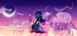 Size: 1894x900 | Tagged: safe, artist:darksly, derpibooru import, princess luna, alicorn, pony, cloud, cloudsdale, commission, crescent moon, female, image, jpeg, looking at you, mare, moon, on a cloud, sitting, sitting on cloud, smiling, solo, stars, sunset, twilight (astronomy)