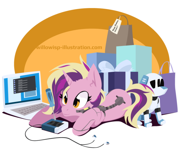 Size: 800x700 | Tagged: safe, artist:willoillo, derpibooru import, oc, oc:aurelia, cyborg, unicorn, birthday, horn, image, png, present, sierra nevada, simple background, solo, unicorn oc