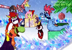 Size: 1280x881 | Tagged: safe, artist:simsvaleria, derpibooru import, fluttershy, bill cipher, bow, christmas, commander peepers, crossover, gravity falls, holiday, image, jpeg, lord hater, new year, sylvia, wander over yonder, wander (wander over yonder)