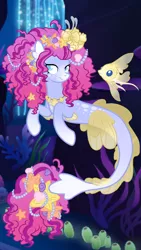 Size: 720x1280 | Tagged: safe, artist:ninjagobrony287, derpibooru import, oc, oc:halo, oc:suraya reef, unofficial characters only, fish, hybrid, pony, seapony (g4), starfish, clam, female, image, jewelry, mare, necklace, pearl, pet oc, png, seashell, solo, underwater