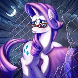 Size: 2000x2000 | Tagged: safe, artist:eltaile, derpibooru import, rarity, pony, crying, embarrassed, equine, fabric, female, fence, glasses, image, moon, night, png, pouting, solo, spotlight