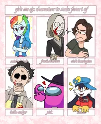Size: 1558x1917 | Tagged: safe, artist:pumpkiwi, derpibooru import, rainbow dash, anthro, human, six fanarts, equestria girls, among us, clothes, crossed arms, crossover, dead by daylight, female, hat, heart, image, klonoa, male, mask, png, smiling, stranger things, the texas chainsaw massacre
