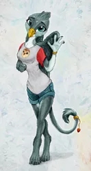 Size: 1929x3639 | Tagged: safe, artist:joestick, derpibooru import, editor:vedont, gabby, anthro, digitigrade anthro, gryphon, abstract background, bracelet, clothes, derpibooru exclusive, female, image, jewelry, jpeg, looking at you, ring, shirt, shorts, solo, tail, tail ring, the owl house, waving