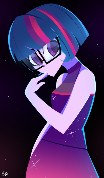 Size: 1875x3216 | Tagged: safe, artist:xan-gelx, derpibooru import, sci-twi, twilight sparkle, equestria girls, alternate hairstyle, clothes, cute, dress, finger on mouth, glasses, image, jpeg, meganekko, night, night sky, short hair, sky, sleeveless, solo, sparkles, stars, twiabetes