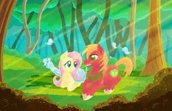 Size: 2160x1390 | Tagged: safe, alternate version, anonymous artist, derpibooru import, big macintosh, fluttershy, butterfly, earth pony, insect, pegasus, pony, series:fm holidays, blanket, crepuscular rays, dust motes, female, fluttermac, forest, image, lineless, looking at each other, lying down, male, mare, mouth hold, png, prone, redraw, remake, shipping, stallion, straight, sunlight, tree