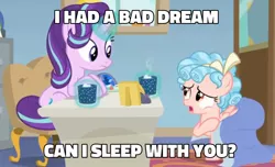 Size: 988x600 | Tagged: safe, deleted from derpibooru, derpibooru import, edit, edited screencap, screencap, cozy glow, starlight glimmer, pegasus, pony, unicorn, marks for effort, blanket, caption, chocolate, covered, desk, dialogue, duo, empathy cocoa, female, filly, food, glow, glowing cup, glowing horn, hoof hold, hooves on the table, horn, hot chocolate, image, image macro, jpeg, looking at each other, looking at someone, mare, marshmallow, marshmallows, open mouth, sitting, starlight's office, talking, text