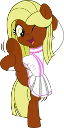 Size: 2504x5000 | Tagged: safe, artist:jhayarr23, derpibooru import, part of a set, oc, oc:xocolatl, earth pony, pony, cheerleader, cheerleader outfit, clothes, commission, cute, female, holding leg, image, mare, one eye closed, png, simple background, solo, standing, transparent background, ych result