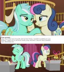 Size: 795x897 | Tagged: safe, derpibooru import, edit, edited screencap, screencap, bon bon, lyra heartstrings, sweetie drops, slice of life (episode), caption, female, image, image macro, incorrect quotes generator, lesbian, lyrabon, png, shipping, text