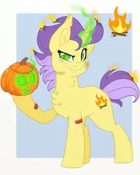 Size: 1200x1500 | Tagged: safe, artist:itstaylor-made, derpibooru import, oc, oc:glow stick, pony, unicorn, fire, halloween, holiday, image, jack-o-lantern, png, pumpkin, solo