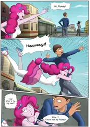 Size: 4961x7016 | Tagged: safe, artist:symptom99, derpibooru import, pinkie pie, oc, oc:mazin, comic:mistaken pie-dentity, equestria girls, blushing, bow, clothes, comic, commission, commissioner:imperfectxiii, female, geode of sugar bombs, glomp, hair bow, hat, hug, image, implied copper plume, magical geodes, male, mistaken identity, pants, png, shirt, shoes, skirt, smiling, speech bubble, sweatshirt, waving