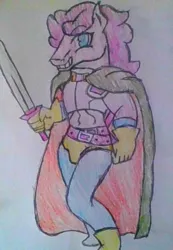Size: 1200x1739 | Tagged: safe, artist:midday sun, derpibooru import, pinkie pie, anthro, earth pony, alternate hairstyle, armor, belt, belts, boots, cape, clothes, gloves, hoers, image, jpeg, knight, shoes, solo, sword, tights, traditional art, weapon, words worth