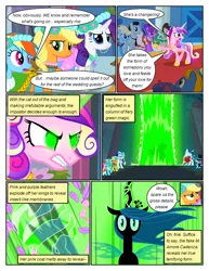 Size: 612x792 | Tagged: safe, artist:newbiespud, derpibooru import, edit, edited screencap, screencap, applejack, bruce mane, eclair créme, fine line, jangles, maxie, minuette, north star, orion, perfect pace, princess cadance, queen chrysalis, rainbow dash, rarity, royal ribbon, shooting star (character), spike, alicorn, changeling, changeling queen, earth pony, pegasus, pony, unicorn, comic:friendship is dragons, a canterlot wedding, angry, background pony audience, bust, clothes, comic, dialogue, dress, eyelashes, fake cadance, female, floral head wreath, flower, glowing eyes, hoof shoes, image, male, mare, png, raised hoof, screencap comic, stallion