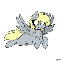 Size: 1600x1600 | Tagged: safe, alternate version, artist:skoon, derpibooru import, derpy hooves, pegasus, chest fluff, derpibooru exclusive, female, flying, image, png, signature, simple background, smiling, solo, spread wings, strabismus, white background, wings