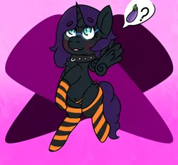 Size: 1078x1000 | Tagged: safe, artist:lazerblues, derpibooru import, oc, oc:mal, unofficial characters only, alicorn, pony, blushing, choker, clothes, collar, eggplant, floating wings, food, image, long socks, offspring, panties, parent:oc:nyx, png, socks, solo, striped socks, underwear, wings