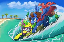 Size: 1920x1263 | Tagged: safe, artist:folieatrois, derpibooru import, oc, oc:bit assembly, oc:bizarre song, unofficial characters only, earth pony, original species, pegasus, pony, shark, shark pony, beach, cape, clothes, duo, female, image, jet ski, jewelry, male, necklace, outdoors, palm tree, png, riding, riding a pony, snorkel, tree, water