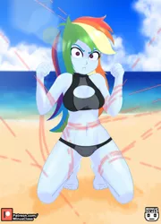 Size: 1980x2750 | Tagged: suggestive, artist:minusclass, derpibooru import, rainbow dash, equestria girls, barefoot, beach, beach babe, belly button, bikini, bikini babe, black swimsuit, blushing, bondage, boob window, breasts, busty rainbow dash, cleavage, clothes, cloud, feet, female, frown, image, jpeg, kneeling, lens flare, looking at you, magic abuse, ocean, patreon, patreon logo, remake, sky, solo, solo female, strings, summer, swimsuit, tied up, two piece swimsuit, water, wires