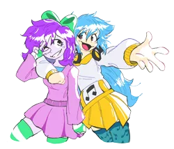 Size: 2608x2237 | Tagged: safe, artist:doodlegamertj, derpibooru import, oc, oc:mable syrup, oc:musicallie, unofficial characters only, human, blue hair, bow, clothes, dress, headphones, hoodie, humanized, image, music notes, peace sign, png, purple hair, simple background, socks, stockings, striped socks, thigh highs, transparent background