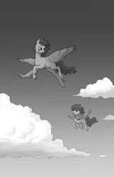 Size: 695x1080 | Tagged: safe, artist:adeptus-monitus, derpibooru import, oc, oc:summer ray, hippogriff, pegasus, pony, fanfic:through the aurora, duo, flying, grayscale, image, jpeg, monochrome, sky