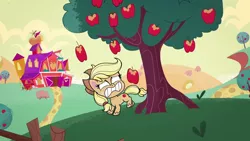 Size: 1280x720 | Tagged: safe, derpibooru import, screencap, applejack, earth pony, pony, my little pony: pony life, apple, falling, food, image, looking at you, png, sweet apple acres, theme song, tree