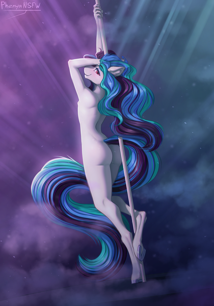 Size: 2100x3000 | Tagged: questionable, artist:phenya, derpibooru import, oc, oc:tennet, anthro, unguligrade anthro, butt, image, male, nudity, png, pole dancing, solo, solo male, stripper pole