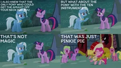 Size: 1986x1117 | Tagged: safe, derpibooru import, edit, edited screencap, editor:quoterific, screencap, berry punch, berryshine, carrot top, cherry berry, daisy, flower wishes, golden harvest, pinkie pie, trixie, twilight sparkle, earth pony, pony, unicorn, magic duel, duo, duo female, eyes closed, female, image, no mouth, pinkie being pinkie, png, unicorn twilight