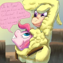 Size: 1584x1584 | Tagged: safe, artist:firefanatic, derpibooru import, paprika paca, pinkie pie, them's fightin' herds, chest fluff, community related, confused, cute, dialogue, fluffy, hammerspace hair, image, pinkie being pinkie, png, smiling